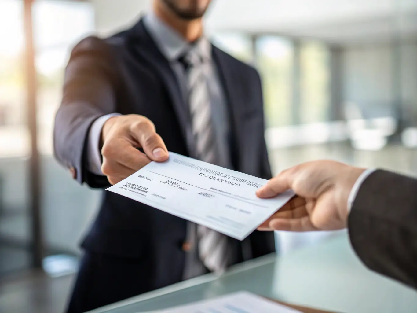 A close-up image of a commission check being handed over, symbolizing the reward for a successful referral.