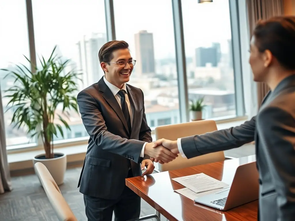 A professional commercial realtor shaking hands with a mortgage broker in a modern office setting, symbolizing a successful partnership.